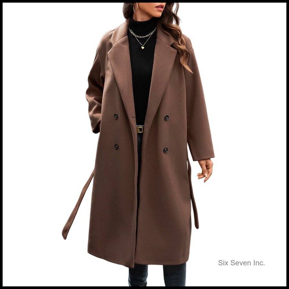 Winter Wool Blend Double Breasted Trench Coat with Notch Collar